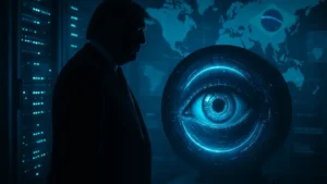 Silhueta de Trump com olho digital de vigilância, servidores de dados e mapa global, destacando riscos da parceria com Palantir.