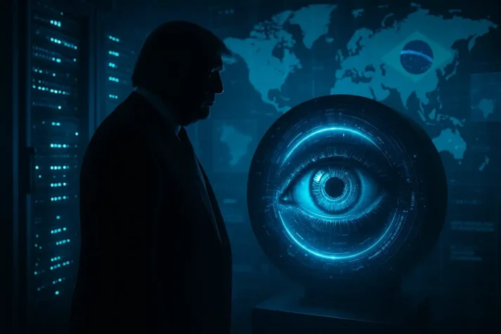 Silhueta de Trump com olho digital de vigilância, servidores de dados e mapa global, destacando riscos da parceria com Palantir.