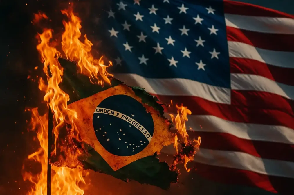 Bandeira do Brasil em chamas com a bandeira dos Estados Unidos ao fundo, simbolizando crise e guerra comercial