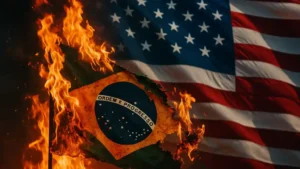 Bandeira do Brasil em chamas com a bandeira dos Estados Unidos ao fundo, simbolizando crise e guerra comercial