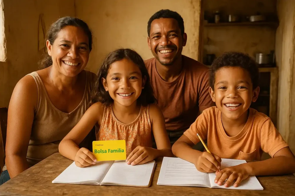 Família em casa humilde com crianças estudando e conta do Bolsa Família na mesa, simbolizando inclusão social.