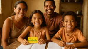 Família em casa humilde com crianças estudando e conta do Bolsa Família na mesa, simbolizando inclusão social.