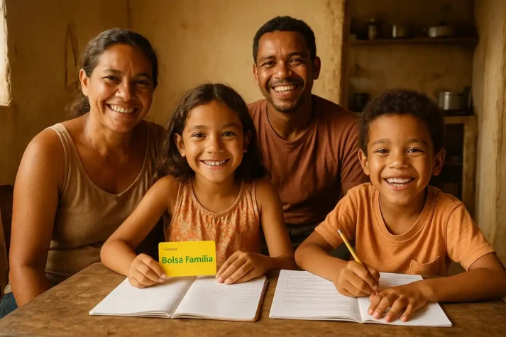 Família em casa humilde com crianças estudando e conta do Bolsa Família na mesa, simbolizando inclusão social.