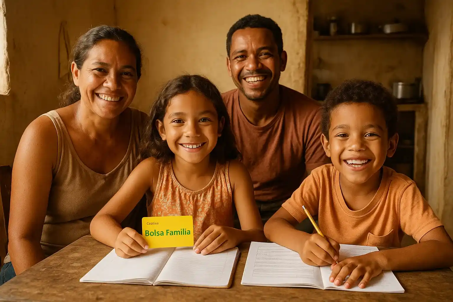 Família em casa humilde com crianças estudando e conta do Bolsa Família na mesa, simbolizando inclusão social.