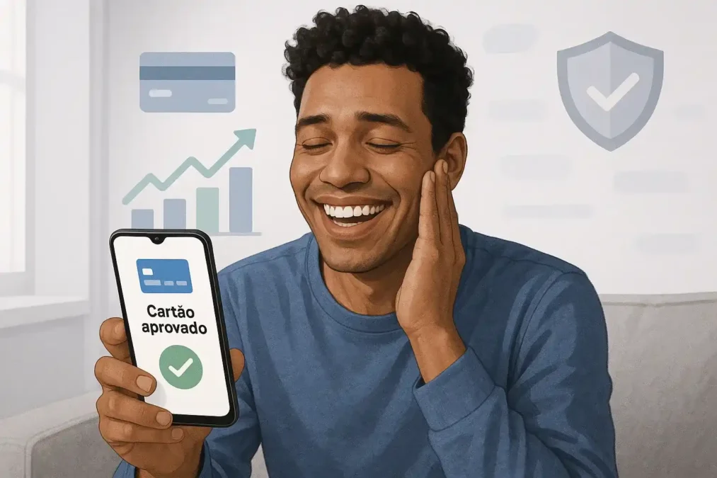 Pessoa feliz com aprovação de cartão de crédito estando negativado