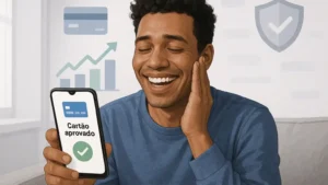 Pessoa feliz com aprovação de cartão de crédito estando negativado