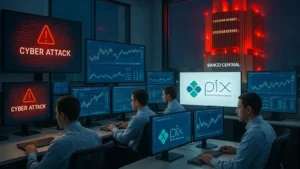 Ilustração realista de técnicos do Banco Central em Brasília monitorando alertas de ciberataque em telas, com o prédio do BCB ao fundo.