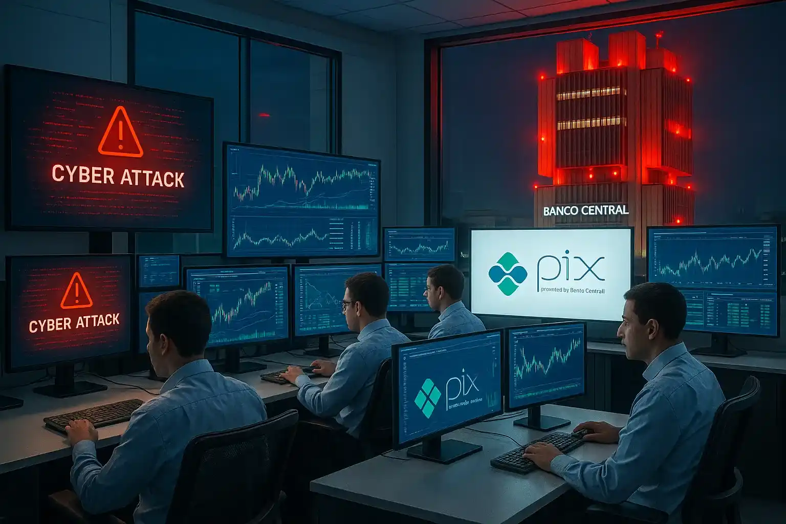 Ilustração realista de técnicos do Banco Central em Brasília monitorando alertas de ciberataque em telas, com o prédio do BCB ao fundo.