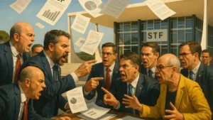 Ilustração realista do STF em Brasília com parlamentares e autoridades do Executivo debatendo a crise do IOF, com documentos e gráficos no ar.