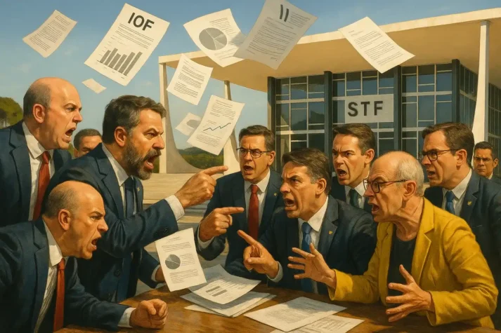 Ilustração realista do STF em Brasília com parlamentares e autoridades do Executivo debatendo a crise do IOF, com documentos e gráficos no ar.