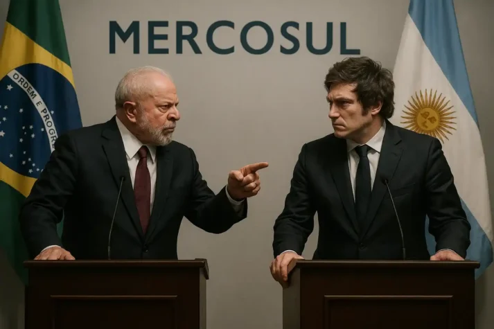 Dois líderes em pódio na cúpula do Mercosul, com bandeiras do Brasil e Argentina, representando tensões entre Lula e Milei.