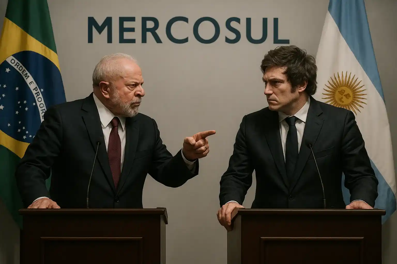 Dois líderes em pódio na cúpula do Mercosul, com bandeiras do Brasil e Argentina, representando tensões entre Lula e Milei.