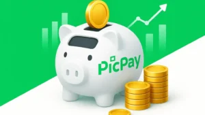 Cofrinho digital do PicPay com moedas brilhantes e gráficos financeiros em fundo verde e branco, destacando o rendimento de 121% do CDI.