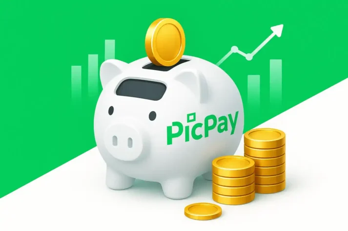Cofrinho digital do PicPay com moedas brilhantes e gráficos financeiros em fundo verde e branco, destacando o rendimento de 121% do CDI.