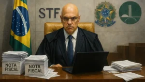 Plenário do STF com Alexandre de Moraes, documentos fiscais e símbolos do governo e Congresso, representando a suspensão do IOF.