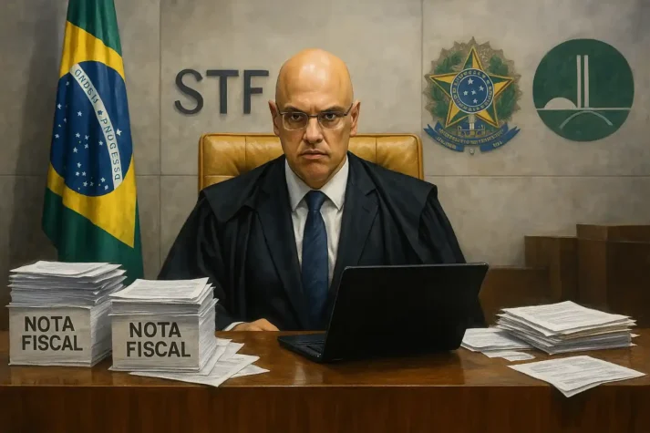 Plenário do STF com Alexandre de Moraes, documentos fiscais e símbolos do governo e Congresso, representando a suspensão do IOF.