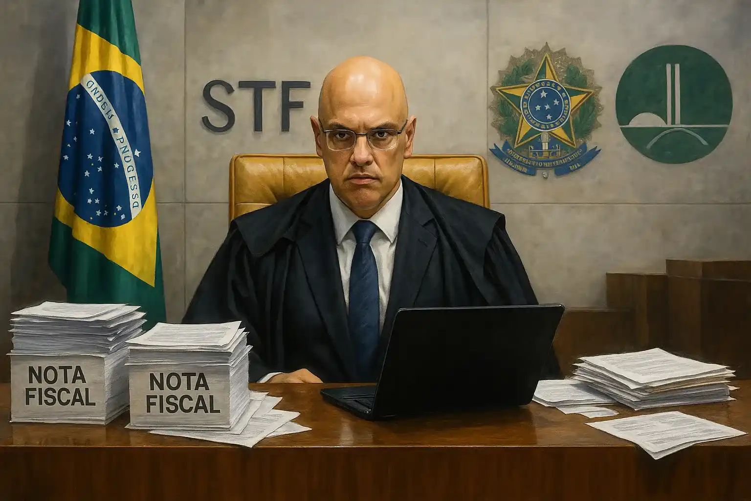 Plenário do STF com Alexandre de Moraes, documentos fiscais e símbolos do governo e Congresso, representando a suspensão do IOF.