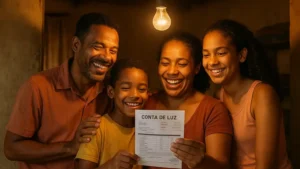Família sorridente em casa humilde segurando conta de luz com desconto da Tarifa Social, sob luz de lâmpada brilhante.