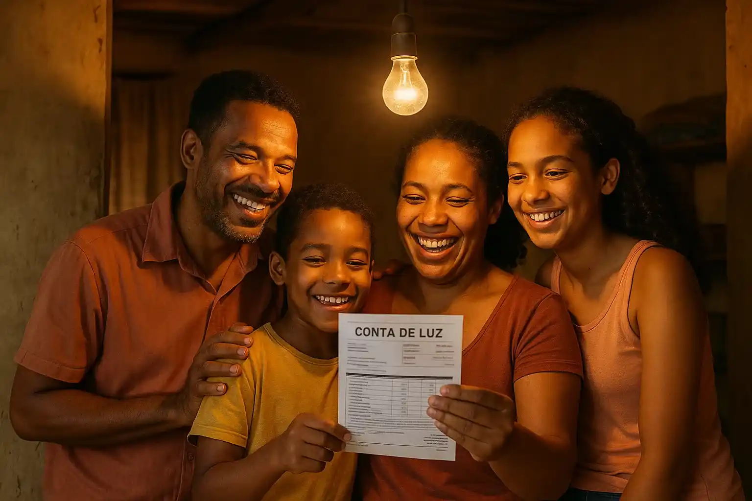 Família sorridente em casa humilde segurando conta de luz com desconto da Tarifa Social, sob luz de lâmpada brilhante.