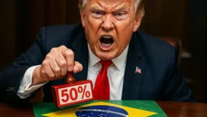 Imagem realista de Donald Trump com expressão irada, carimbando a bandeira do Brasil com "50%", simbolizando tarifas comerciais.