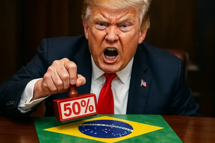 Imagem realista de Donald Trump com expressão irada, carimbando a bandeira do Brasil com "50%", simbolizando tarifas comerciais.