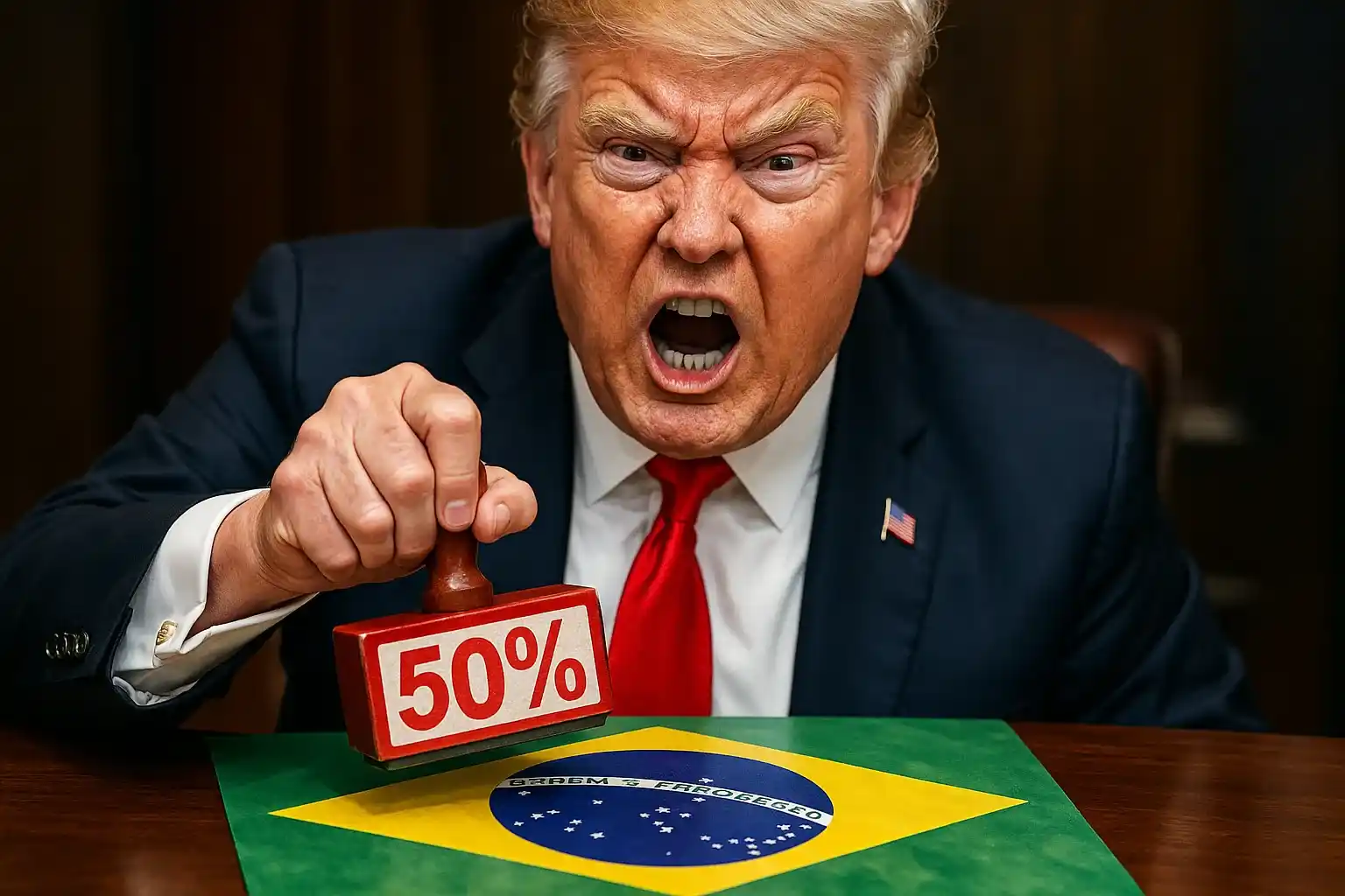 Imagem realista de Donald Trump com expressão irada, carimbando a bandeira do Brasil com "50%", simbolizando tarifas comerciais.