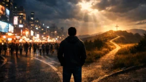 Homem em uma encruzilhada ao entardecer segurando uma Bíblia, olhando para dois caminhos: um urbano e movimentado e outro tranquilo levando a uma cruz.