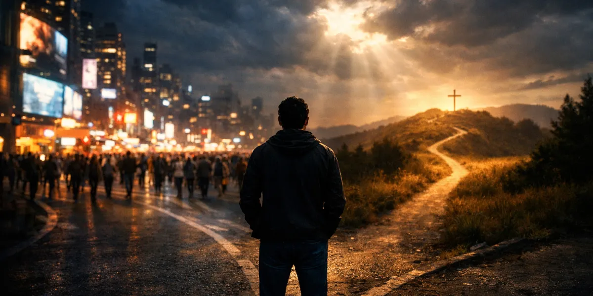 Homem em uma encruzilhada ao entardecer segurando uma Bíblia, olhando para dois caminhos: um urbano e movimentado e outro tranquilo levando a uma cruz.
