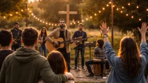 Cristãos reunidos em um culto ao ar livre