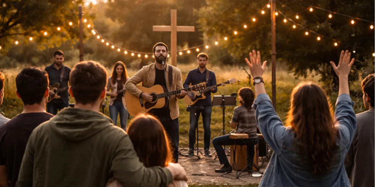 Cristãos reunidos em um culto ao ar livre